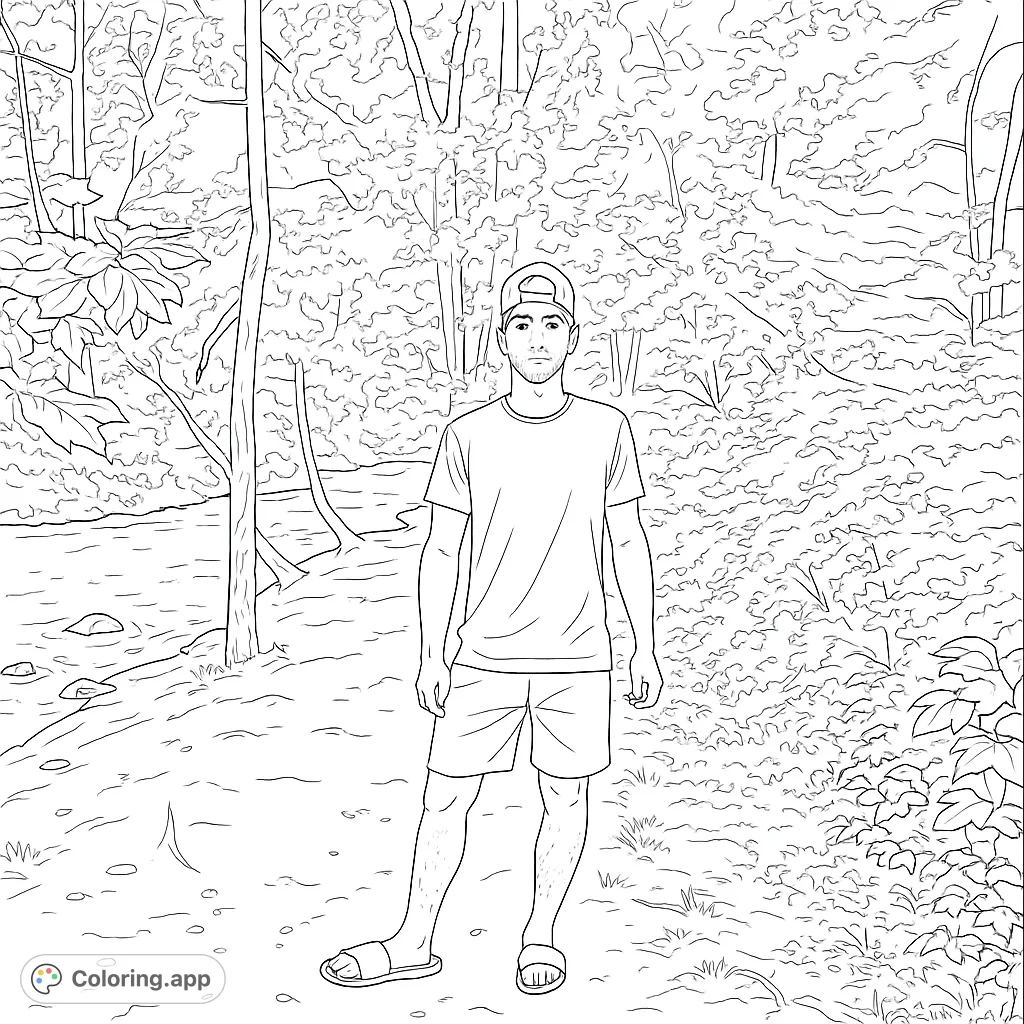 A man stands on a forest path beside a flowing river, surrounded by lush trees and detailed foliage, perfect for a nature-themed coloring adventure.