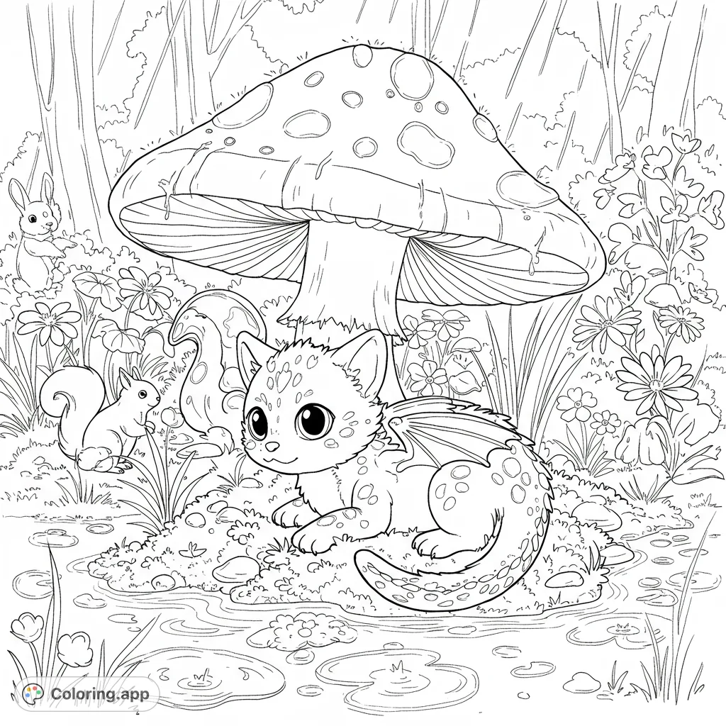 Discover a charming baby dragon nestled under a giant mushroom in a mystical woodland. A free printable baby dragon coloring page for all ages!