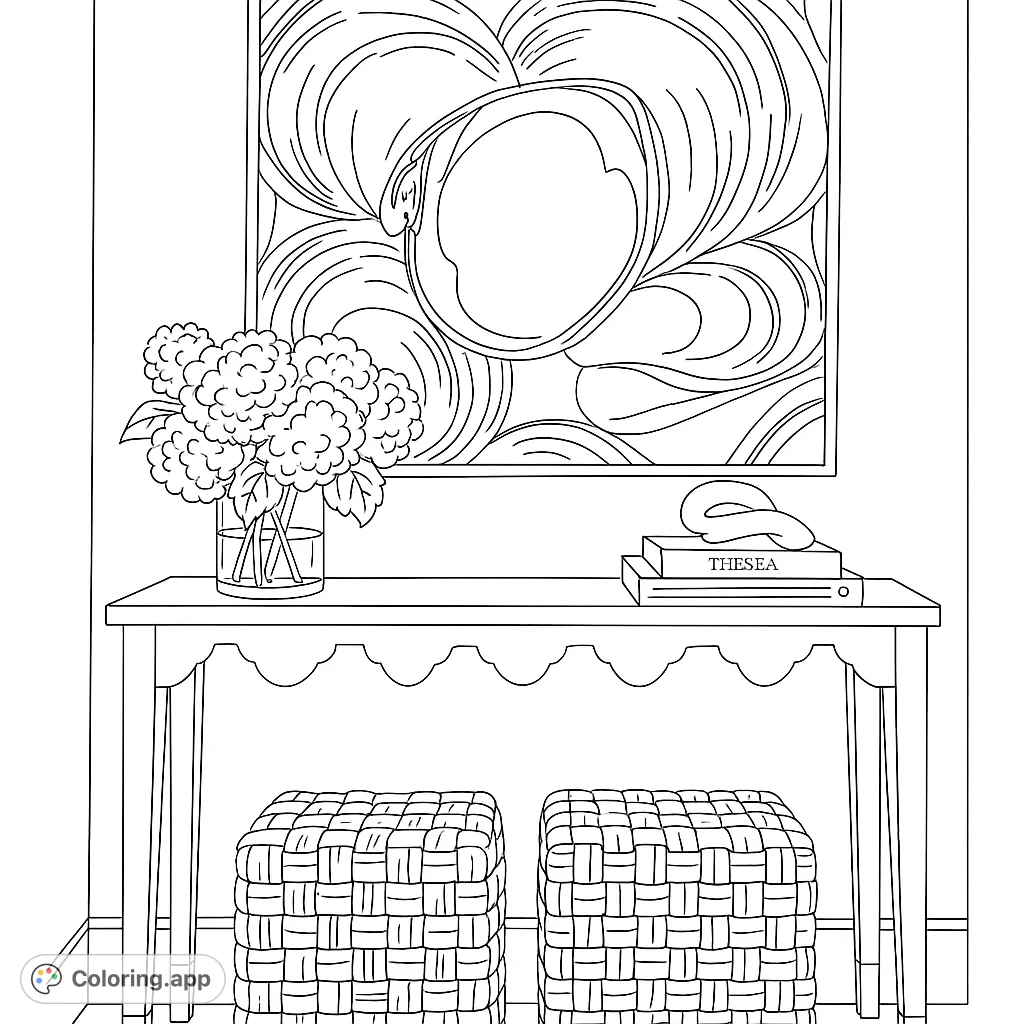 A charming home decor scene featuring a scalloped console table, a vase of flowers, books, woven ottomans, and a large shell artwork.