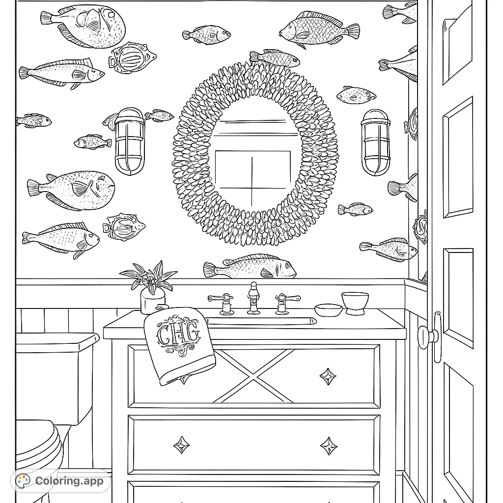 Dive into a unique coastal-themed room featuring diverse fish patterns, a textured coral mirror, and elegant vanity. Perfect for ocean lovers!