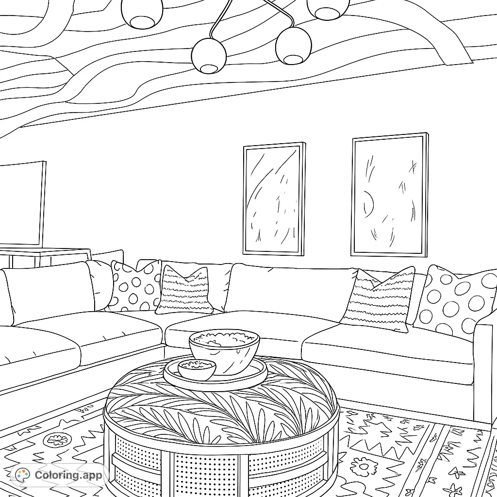 Step into a stylish living room featuring a comfy sectional, chic ottoman, and unique ceiling design. A perfect interior design coloring page for relaxation.