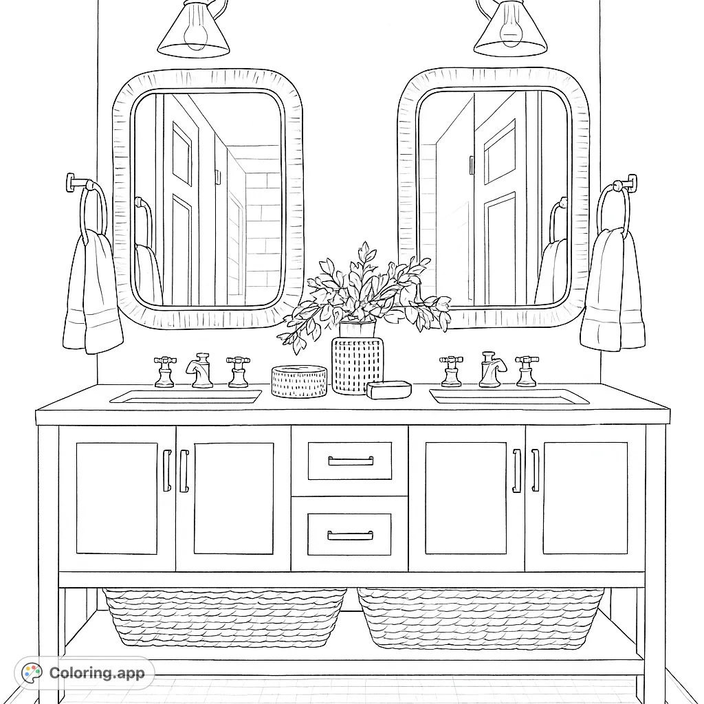 A stylish double bathroom vanity with rattan mirrors, lush plant, and woven baskets, perfect for a relaxing coloring experience.