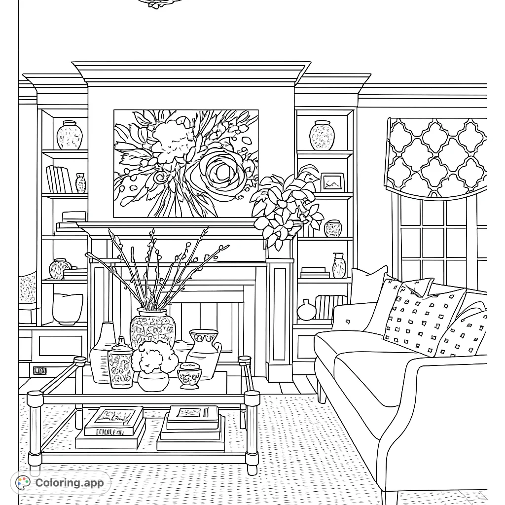 An elegant living room scene featuring a detailed fireplace, built-in shelves, a plush sofa, and a glass coffee table, perfect for sophisticated coloring.
