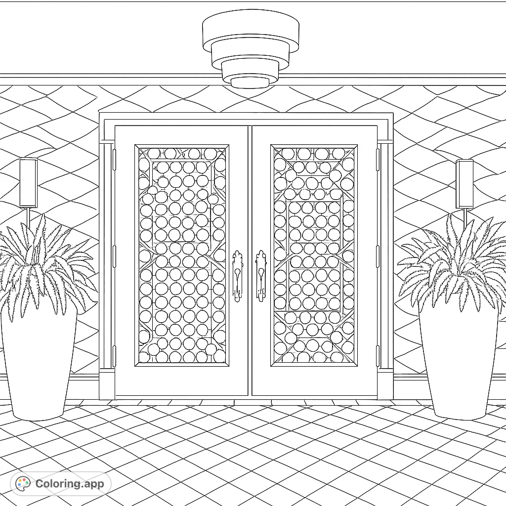 Explore a grand entryway with intricate patterned doors, lush plants, and unique wall designs. A sophisticated coloring experience.
