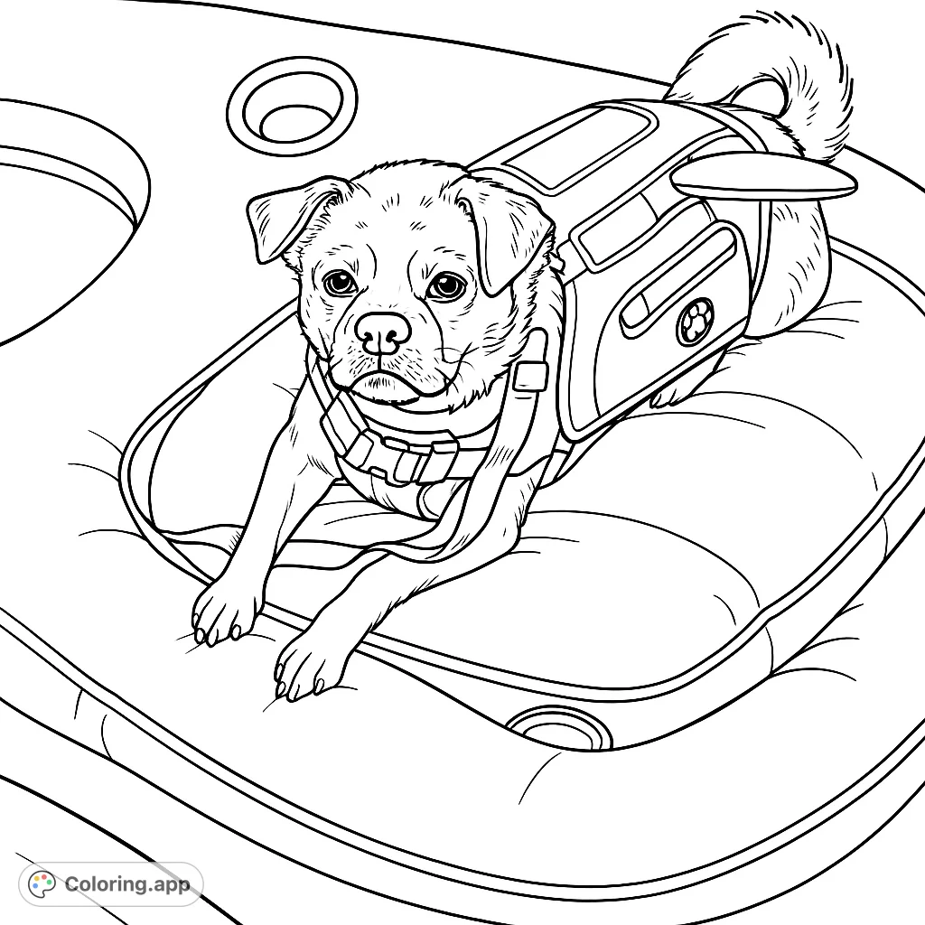 A cute dog in a life vest relaxing on an inflatable pool float, perfect for a fun summer dog coloring page. Features textured float and calm water.