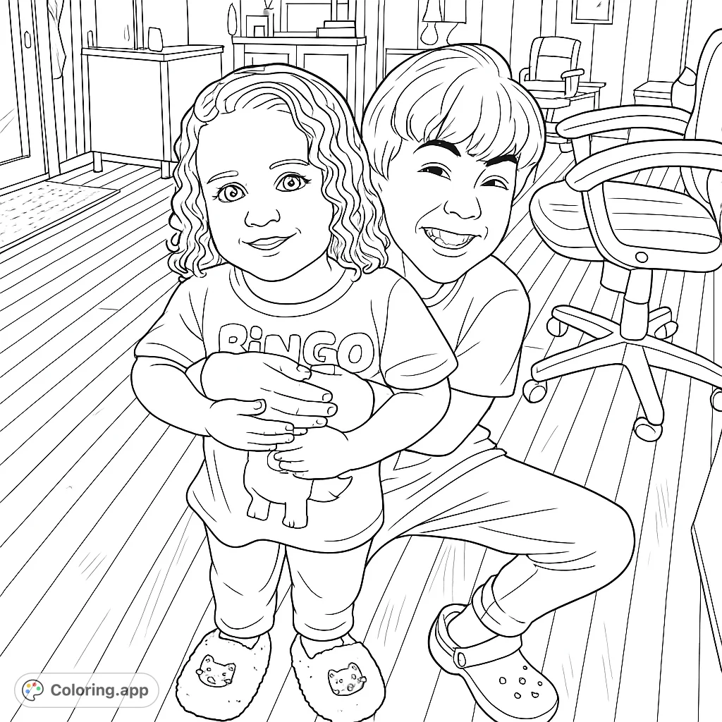 A heartwarming scene of two children embracing, perfect for a free printable siblings coloring page, celebrating family bonds and joy.