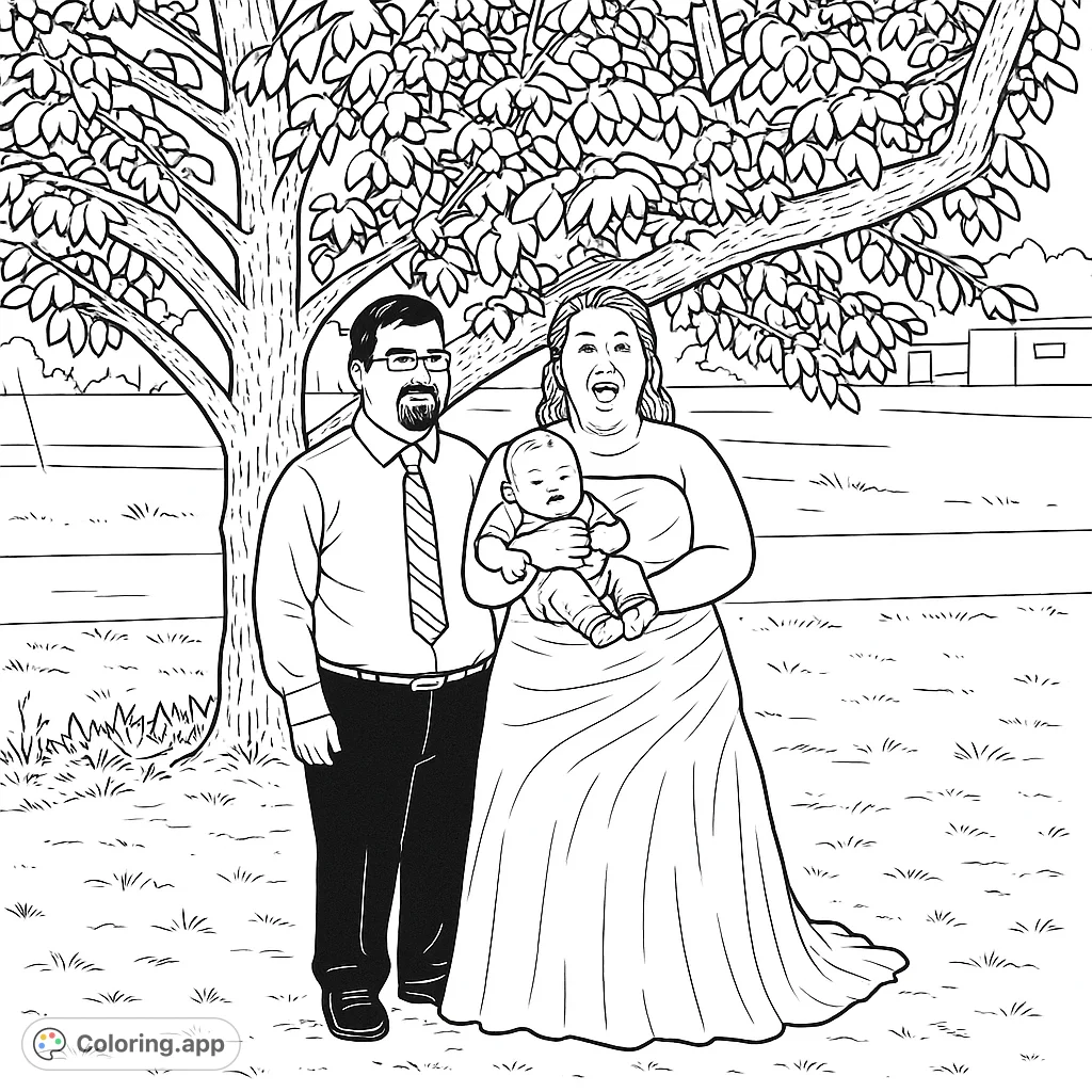 Capture a heartwarming family moment with a couple and their baby under a grand tree. A perfect free printable family coloring page for all ages.