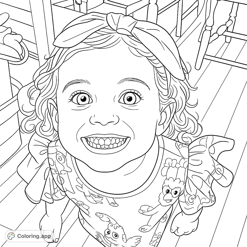 A delightful coloring page featuring a smiling child with curly hair and a bow, perfect for bringing joy to life with your favorite colors.