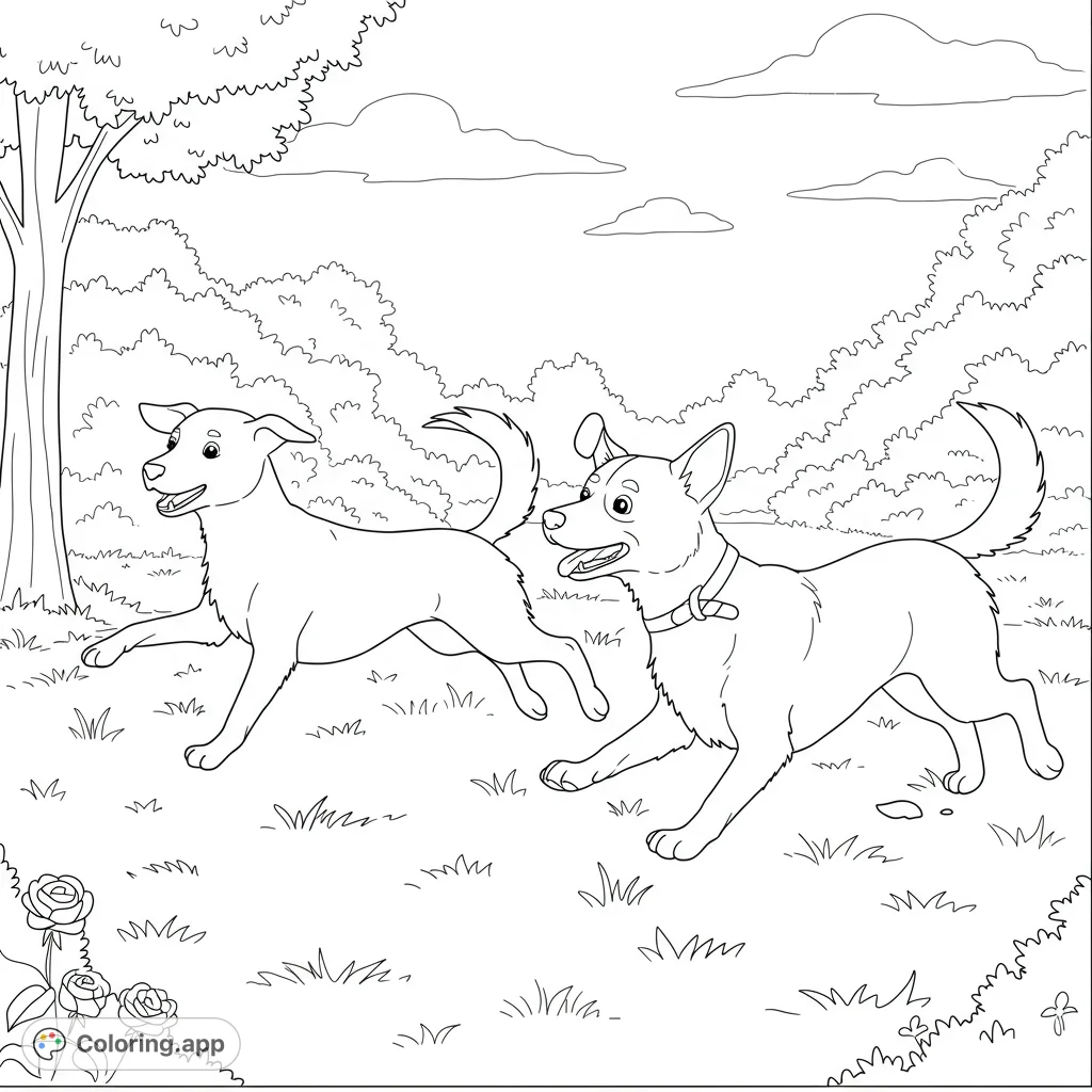 Two happy dogs joyfully chase each other across a park, tails wagging. A dynamic scene perfect for a fun and engaging coloring activity.