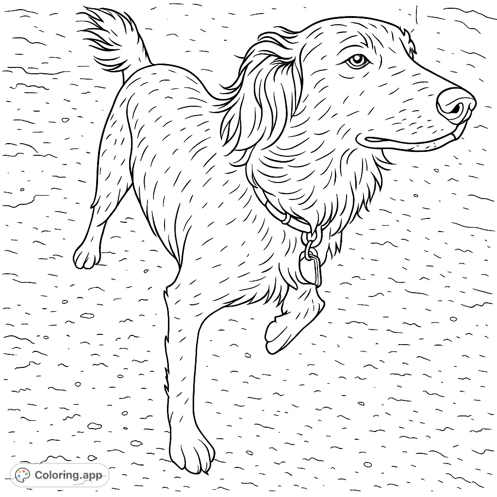 A lively dog with a wagging tail, standing on a textured ground with scattered particles. Perfect for animal lovers and a fun coloring challenge.