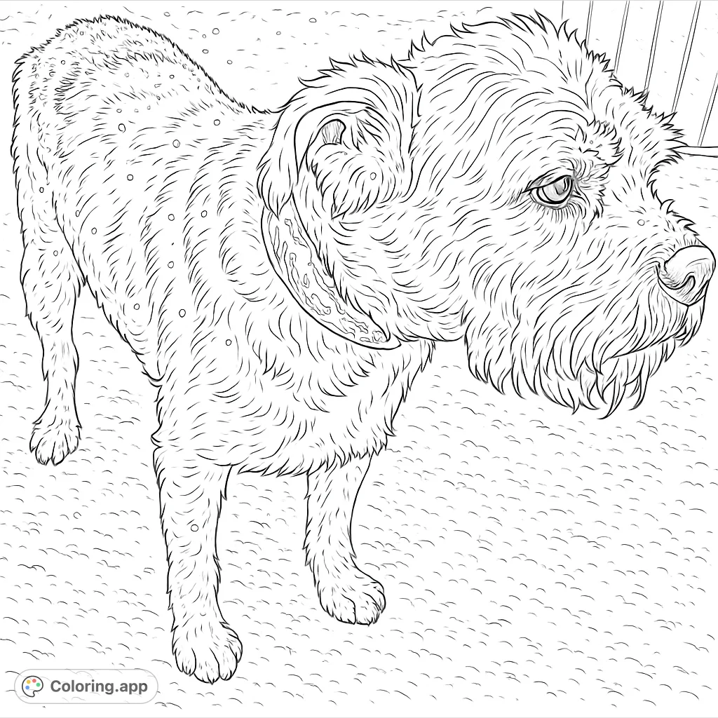 A charming shaggy dog stands in a snowy landscape, ready for a fun coloring adventure. Perfect for dog lovers of all ages!
