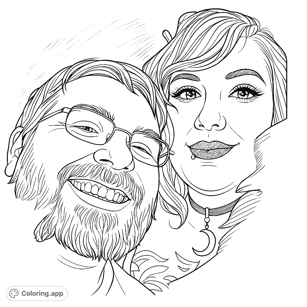 Capture the bond of a smiling couple in this detailed portrait. Features a man with glasses and a woman with a moon pendant.