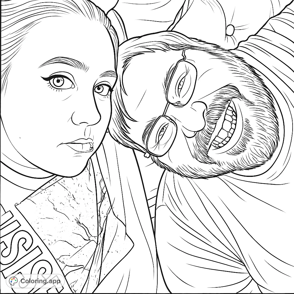 Capture a heartwarming moment with this portrait of two individuals, one smiling broadly, perfect for personal expression and creative coloring.