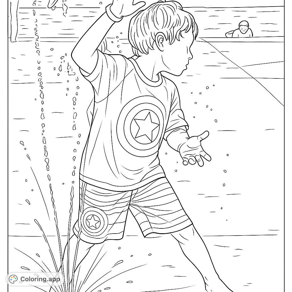 Dive into summer fun with this splash pad scene! A child plays amidst spraying water, perfect for a refreshing coloring adventure.