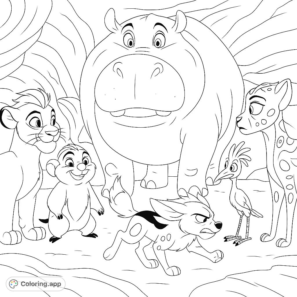 Join a group of beloved animal friends on a cave adventure! This fun coloring page features a lion, hippo, cheetah, and more, ready for your creative touch.
