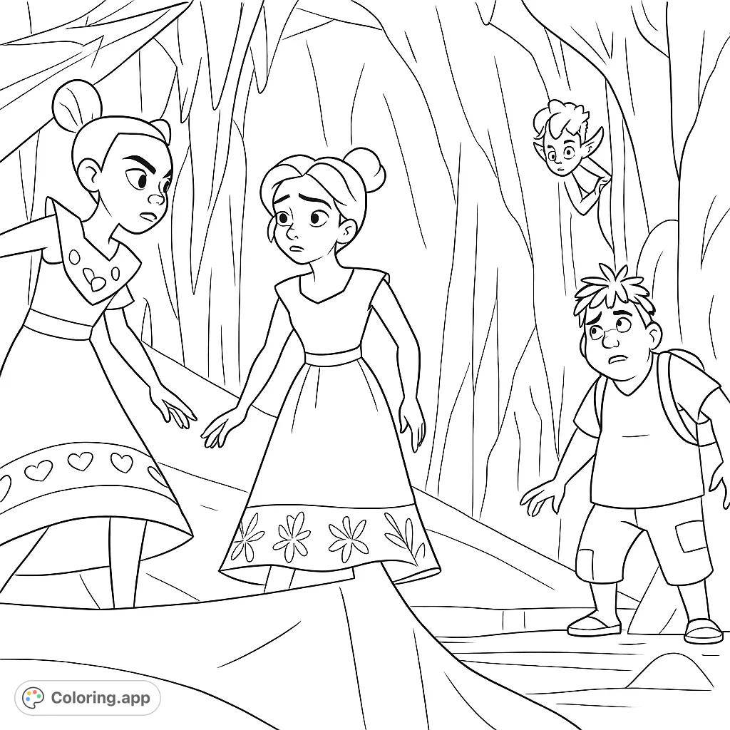 Join three adventurers in a mysterious crystal cavern. This coloring page features detailed characters and an intriguing environment, perfect for imaginative coloring.