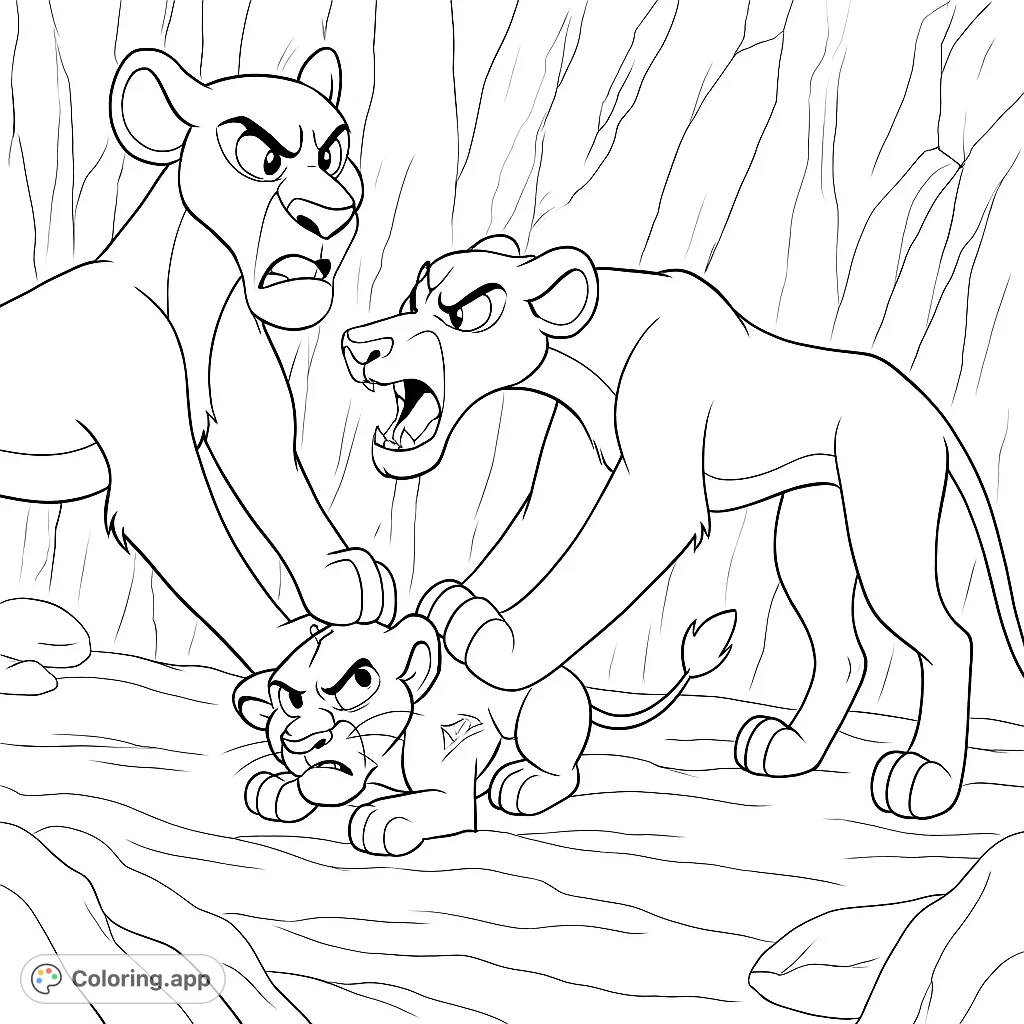 A dramatic lioness confrontation over a cub in a rocky den. Capture the intensity of the wild with this fierce animal coloring page.