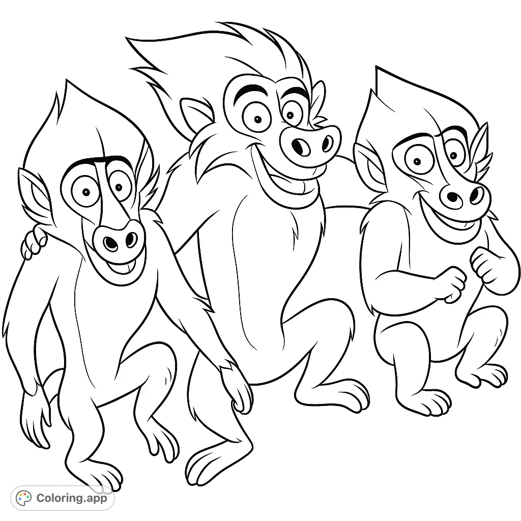 Three expressive baboon-like characters in a cave setting, perfect for a fun and engaging animal-themed coloring adventure.