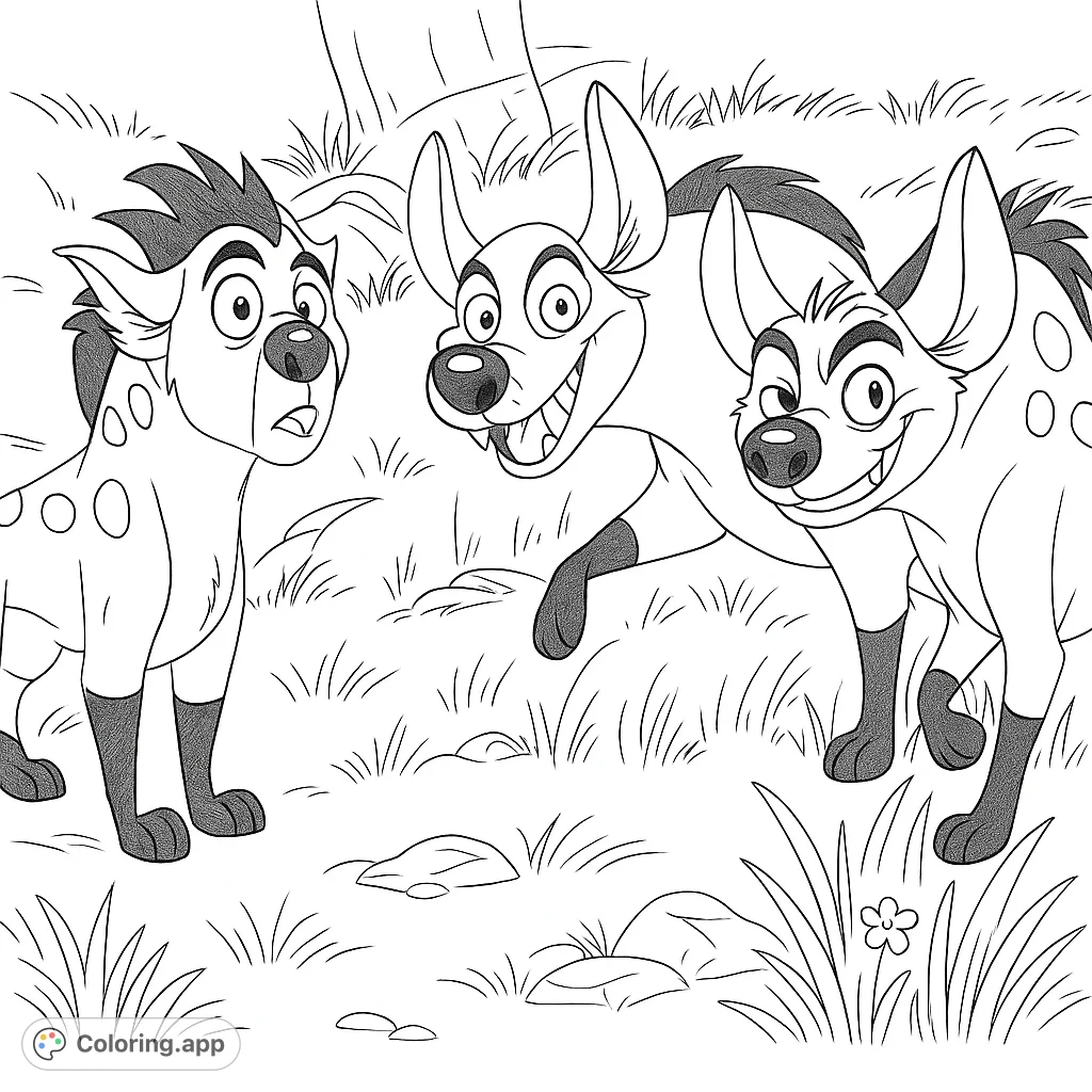 A fun hyena trio in a grassy landscape, perfect for a playful coloring adventure. Features three expressive cartoon hyenas.