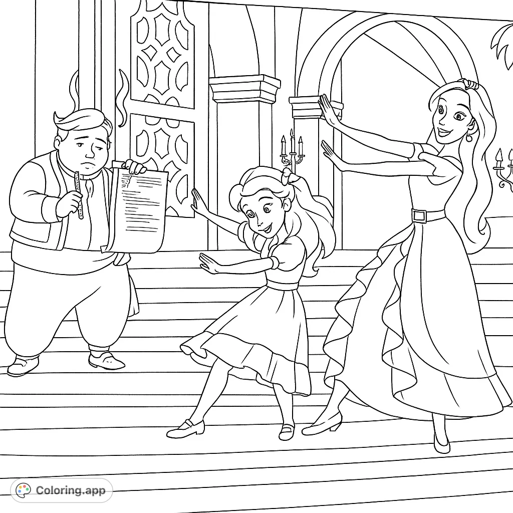 Three animated characters on a grand staircase, with two dancing gracefully while another observes with a scroll. A lively scene for creative coloring.