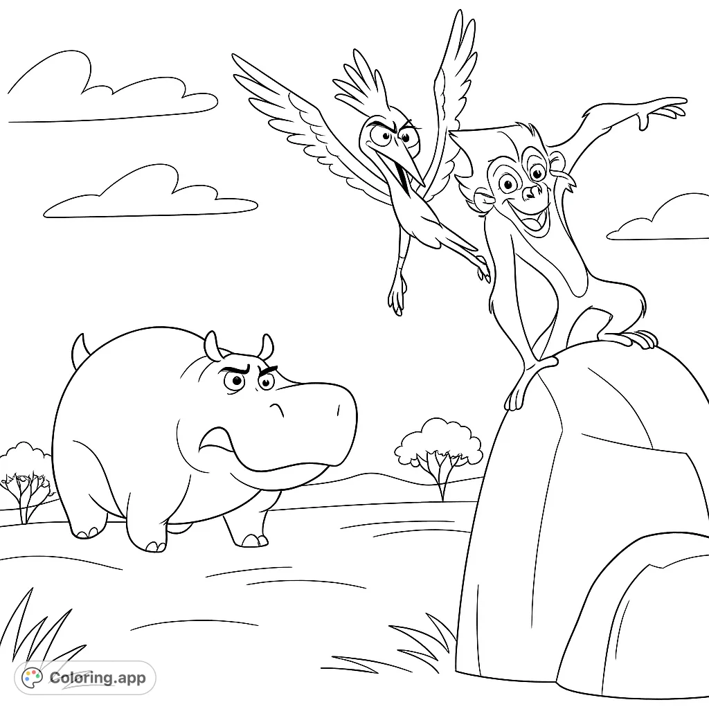 Join a hippo, primate, and bird on a savanna adventure! This fun safari animals coloring page features dynamic characters in a lively scene.