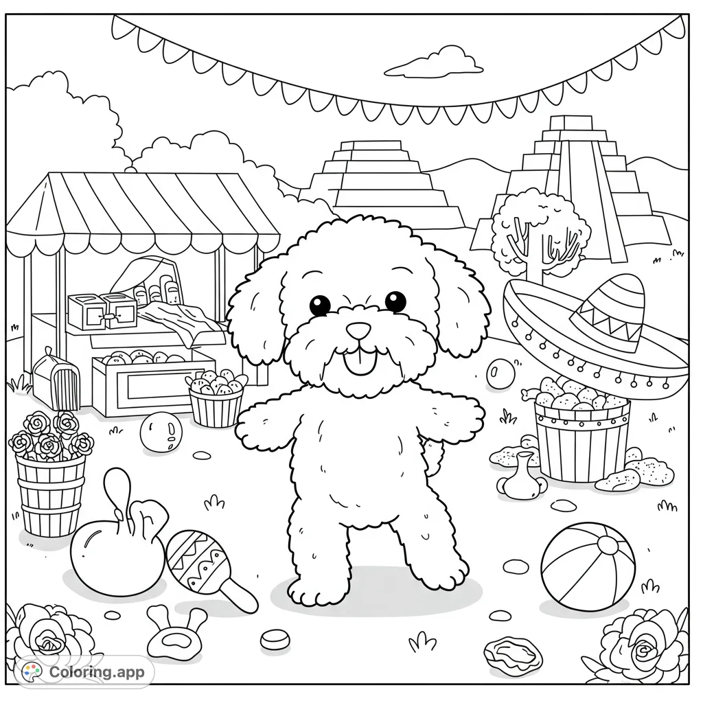 Join Poochie, a playful Maltipoo, as she explores Mexico! Dance to mariachi, visit pyramids, and discover cultural fun in this cartoony scene.