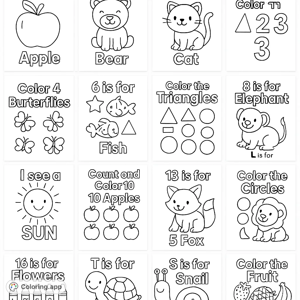 Engage young minds with this collection of educational coloring pages featuring alphabet letters, numbers, animals, fruits, and shapes for fun learning.