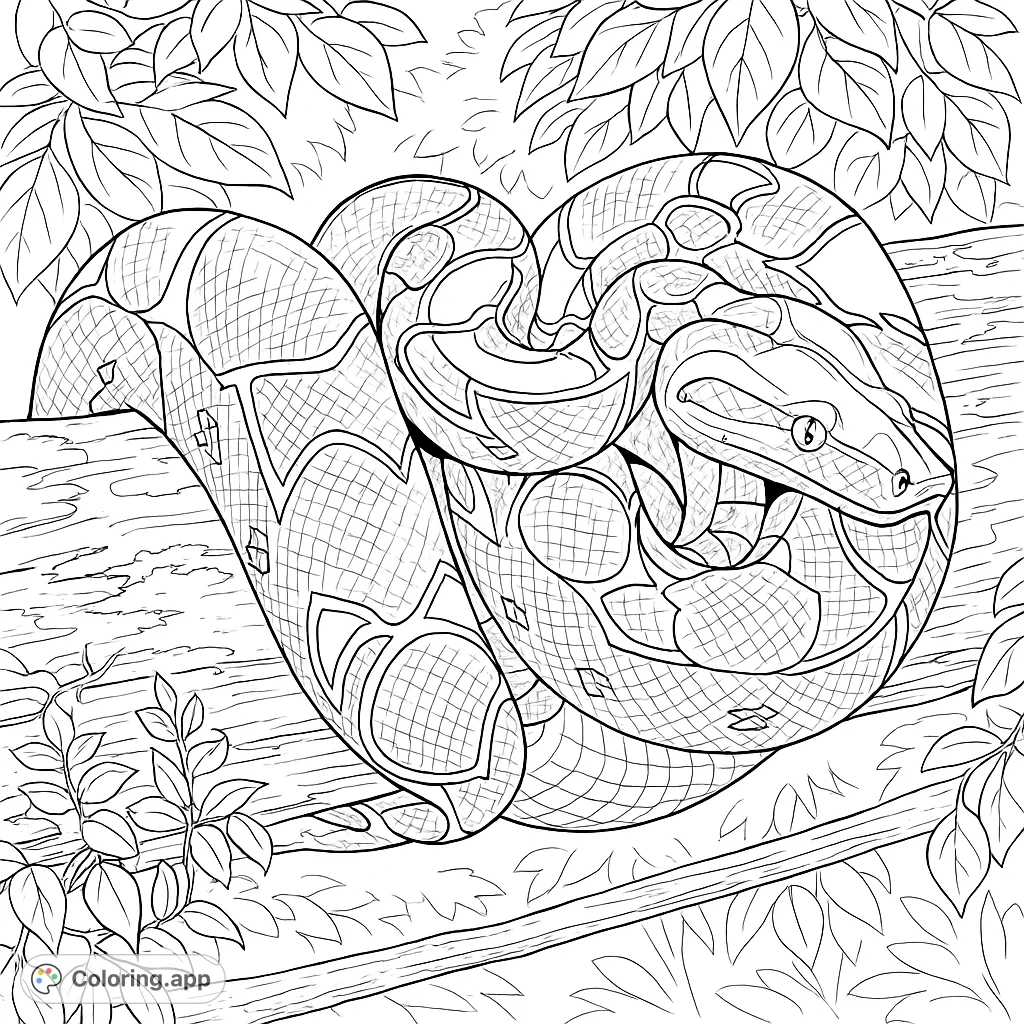 Discover a detailed boa constrictor coiled on a mossy branch in a lush jungle. Perfect for nature lovers to explore intricate patterns and textures.