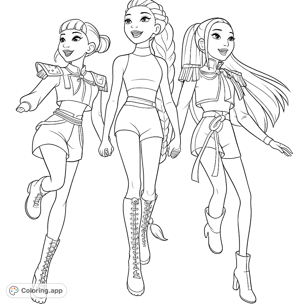 Color a dynamic trio of futuristic pop stars in detailed, stylish outfits. Unleash your creativity on their unique fashion and vibrant personalities.