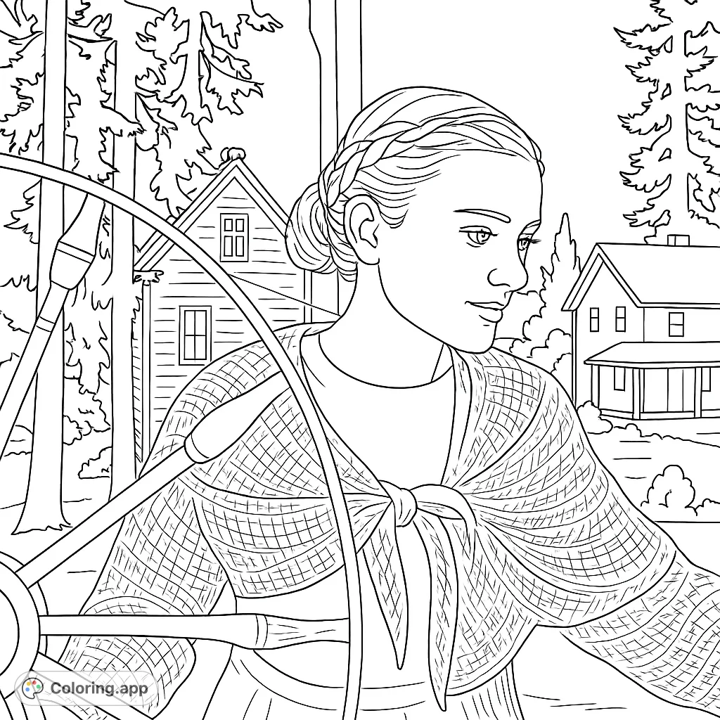 A serene young woman with a bow, set against a rustic backdrop of houses and trees. Perfect for a peaceful coloring experience.