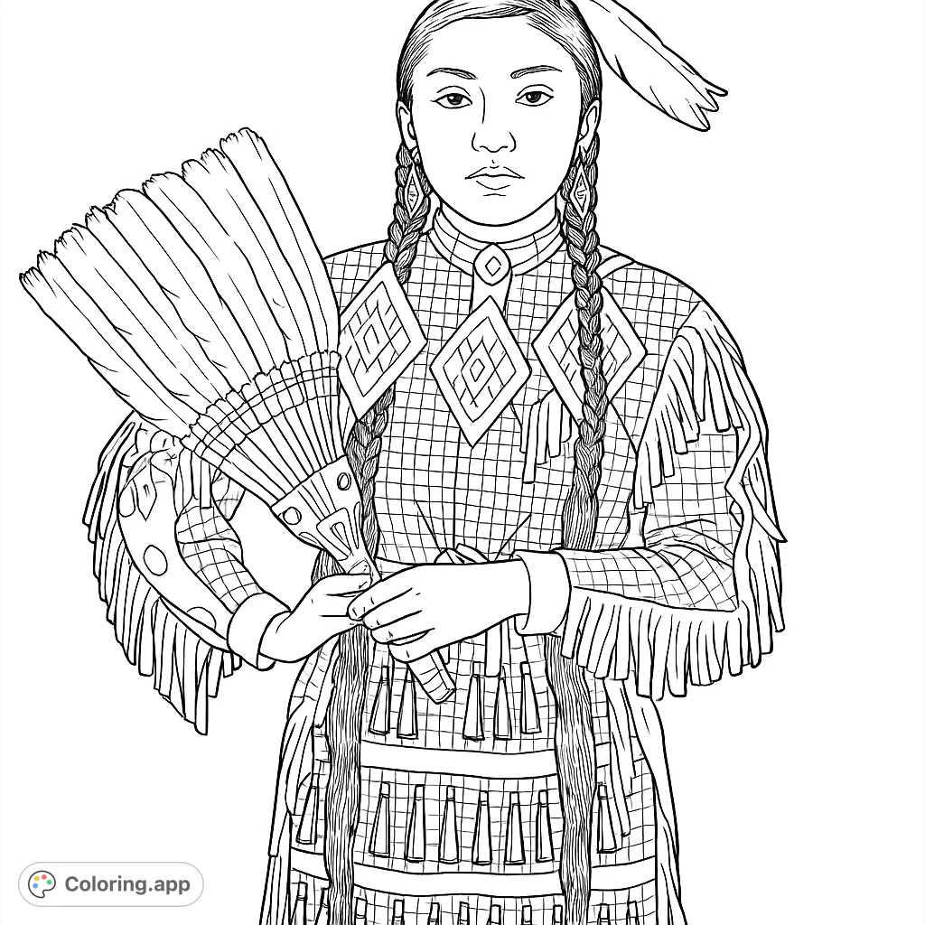 A detailed Native American dancer coloring page, featuring traditional regalia and a feathered fan. Perfect for cultural exploration and intricate coloring.