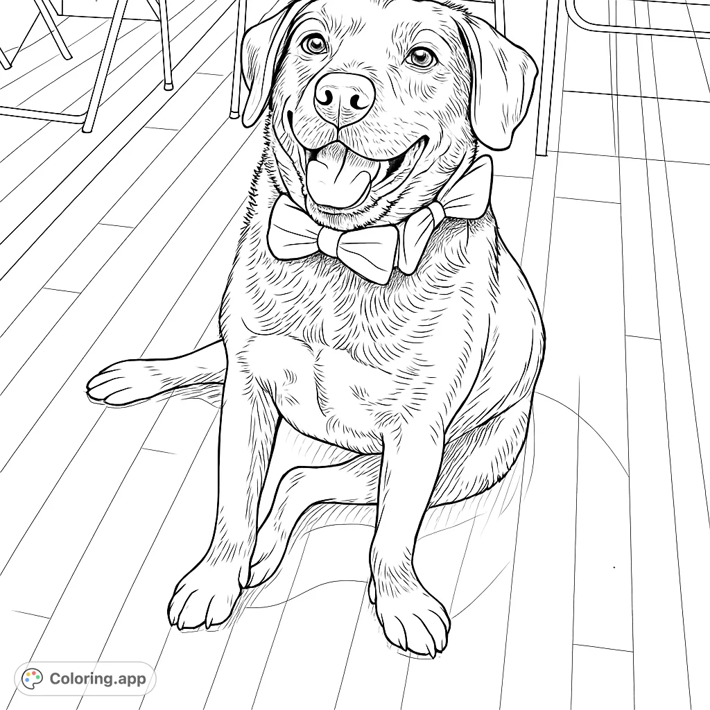 A charming dog with a joyful expression, wearing two festive bow ties, sits patiently on a wooden floor, ready for a fun coloring adventure.
