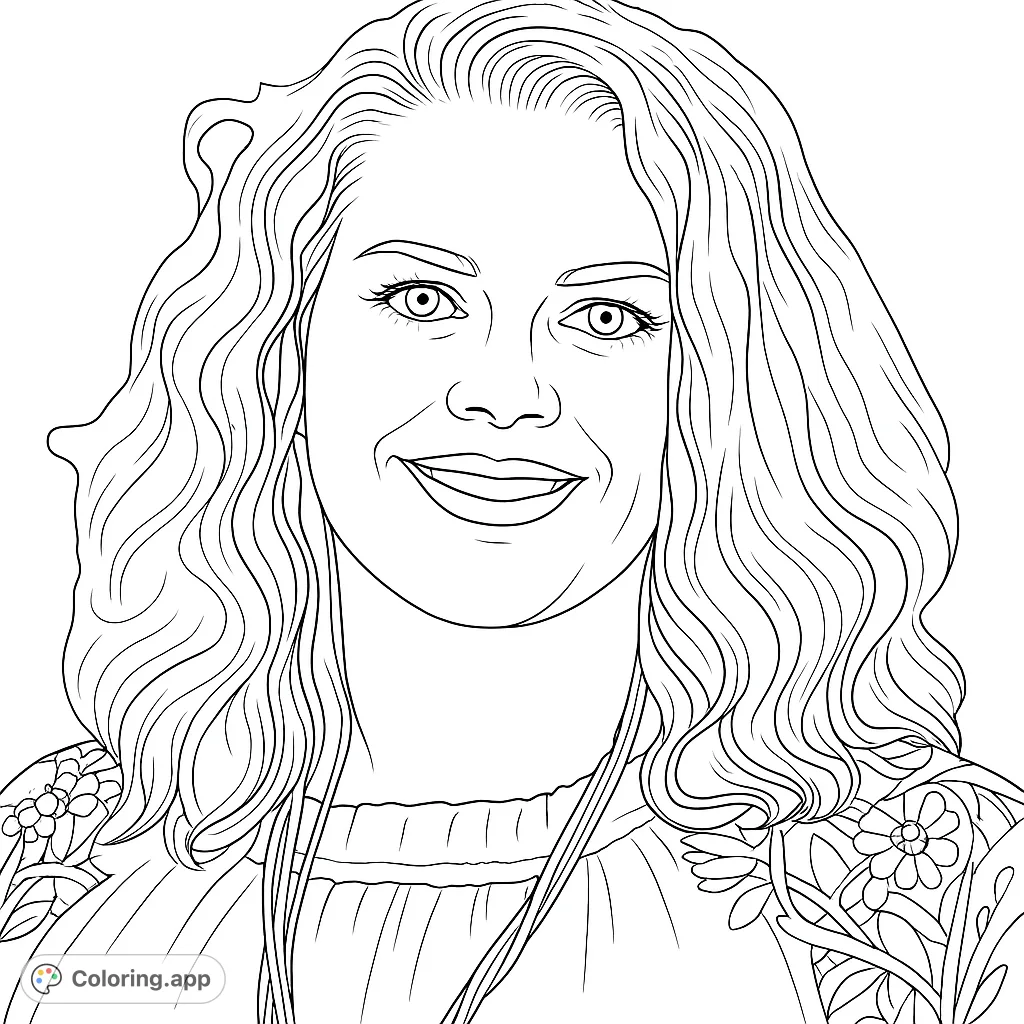 Capture the serene beauty of a smiling woman with flowing hair and intricate details. A perfect portrait coloring page for artistic expression.