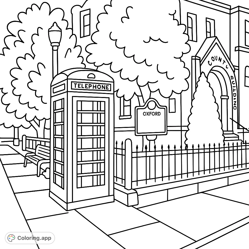 A charming coloring page featuring a classic telephone booth, an ornate fence, and a historic building, perfect for a relaxing creative escape.