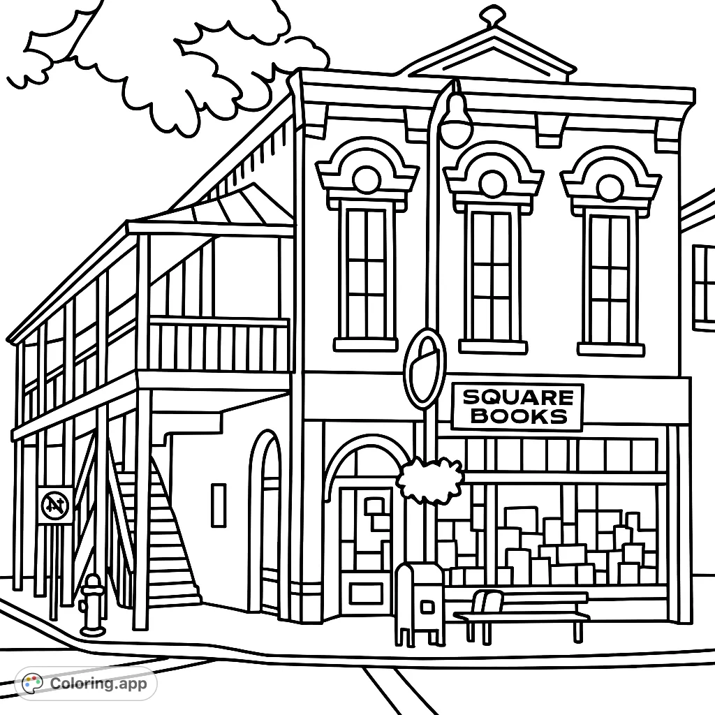 Explore a charming historic bookstore building with a detailed facade, inviting balcony, and street scene elements. Perfect for a relaxing coloring experience.