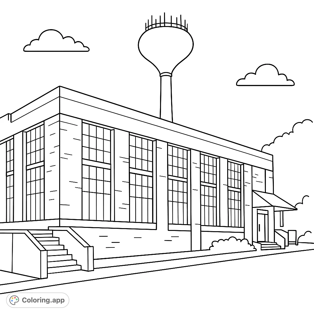 Explore an urban landscape featuring a classic brick building with large windows and a towering water tower. A detailed architectural coloring page for all ages.
