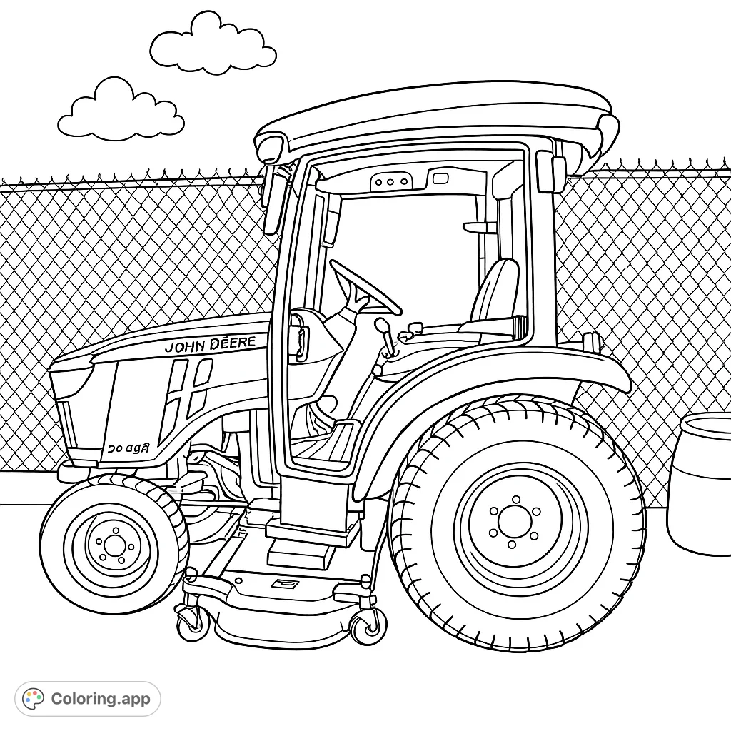 Detailed utility tractor coloring page, perfect for vehicle enthusiasts. Features a powerful machine with a cab and mowing deck.