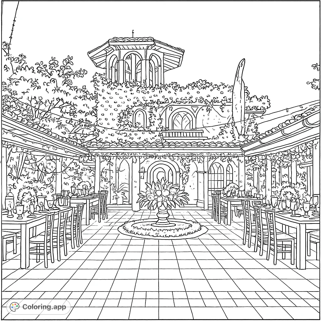 An elegant outdoor courtyard set for a special event, featuring a central fountain, dining tables, and string lights under a vine-covered building.