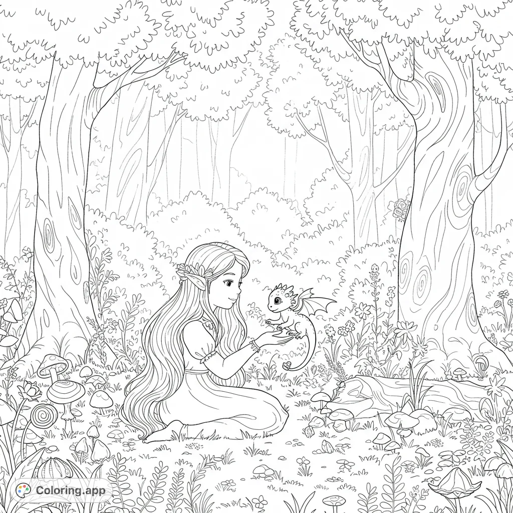 A charming kawaii girl and her baby dragon friend explore a magical forest. Perfect for imaginative coloring fun and creative expression.