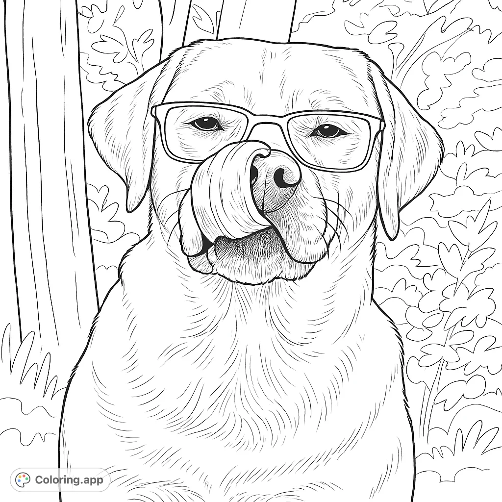 A charming Labrador retriever with glasses, caught mid-lick, offering a delightful and realistic animal coloring page for all ages. Perfect for dog lovers!