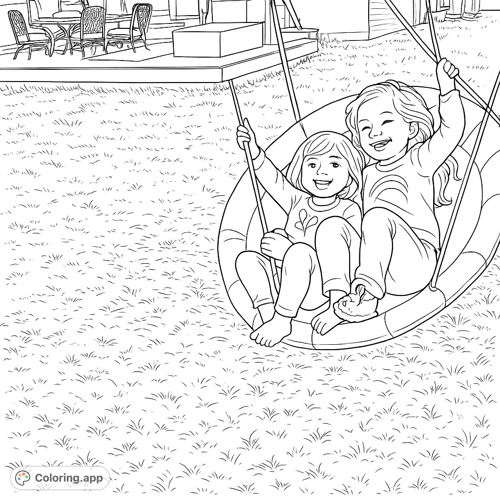 Two joyful children on a large backyard swing, perfect for a fun and engaging coloring activity. Explore creativity with this delightful scene!