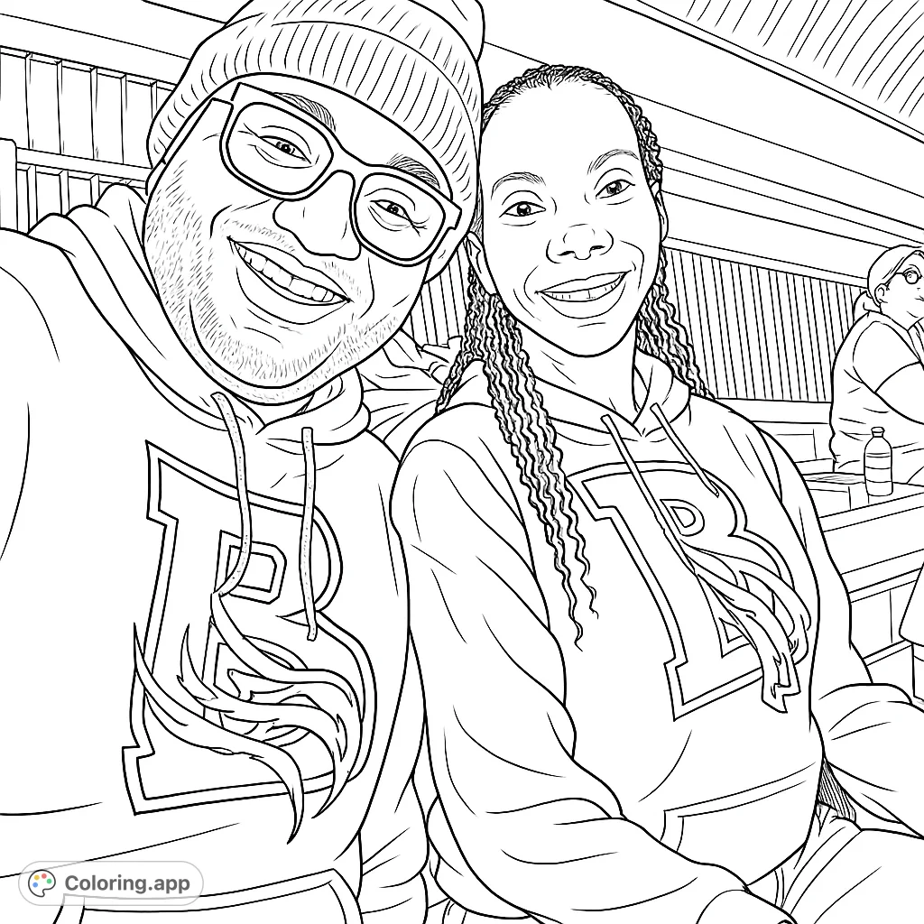 A cheerful duo enjoying an event, captured in a detailed scene perfect for coloring. Features unique hoodie designs and a lively stadium background.