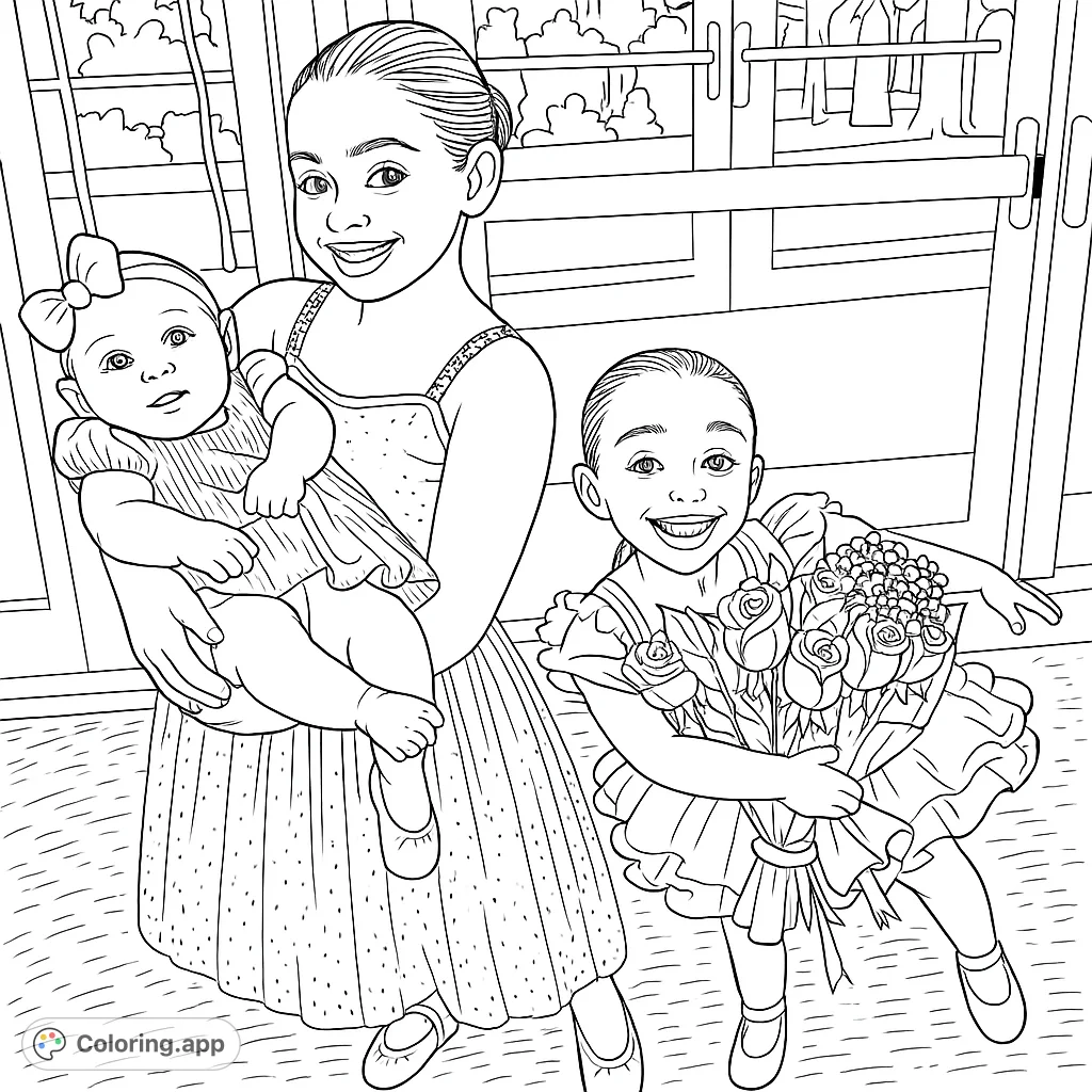 Three lovely girls in ballet attire, including a baby, celebrating a special moment. Perfect for dance enthusiasts.