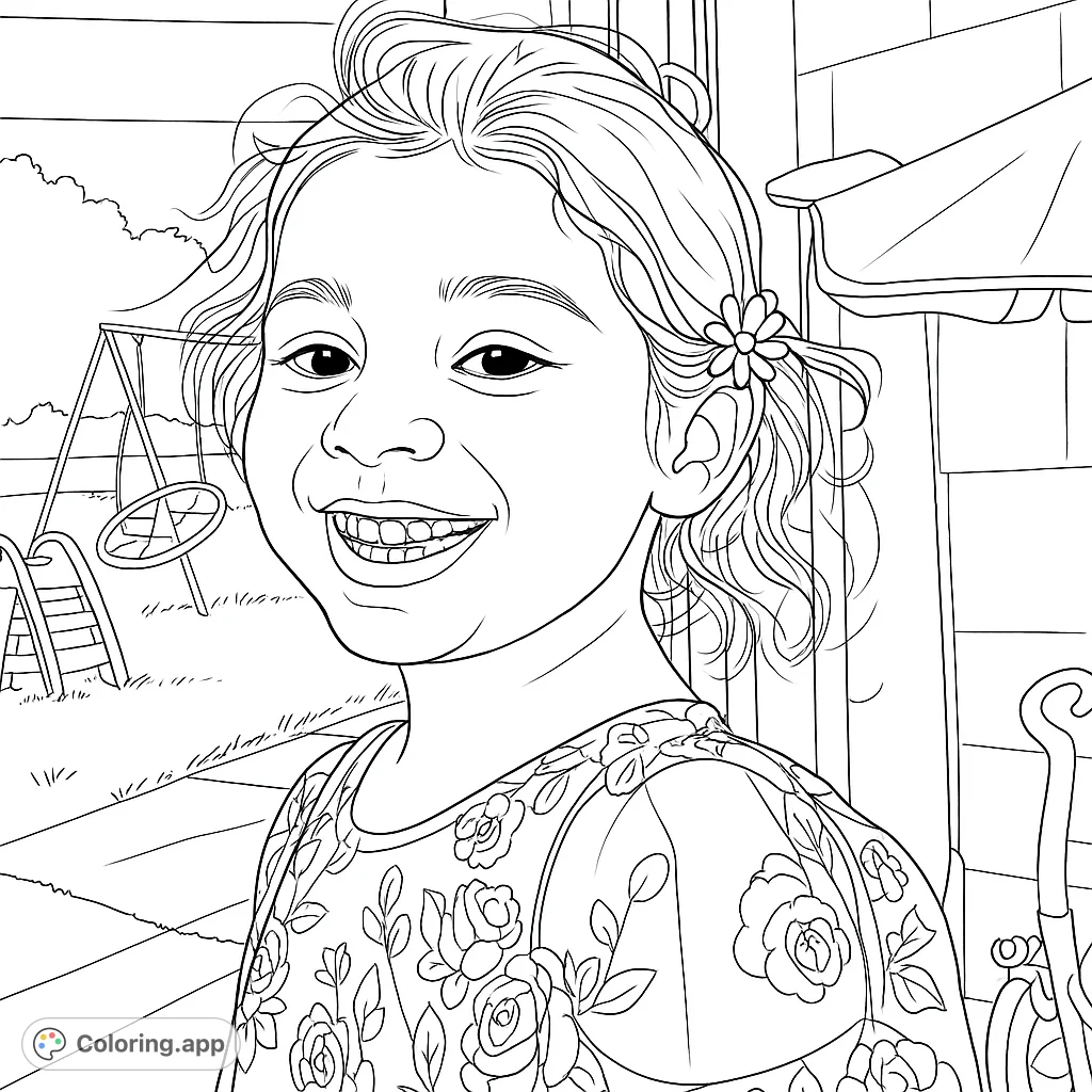 A delightful coloring page featuring a smiling child with a flower in their hair, set against a playful outdoor background with a swing set. Perfect for kids!
