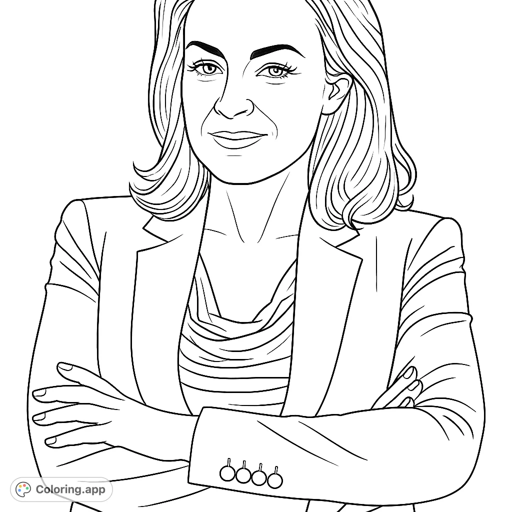 A striking portrait of a confident woman in a blazer, arms crossed. Perfect for adult colorists seeking realistic detail and expressive features.