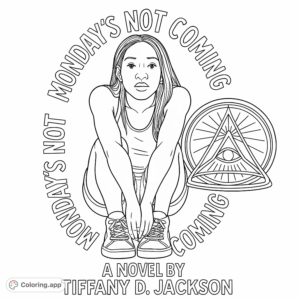 A thought-provoking coloring page featuring a seated figure with intricate background text and a mysterious emblem, perfect for reflective coloring.