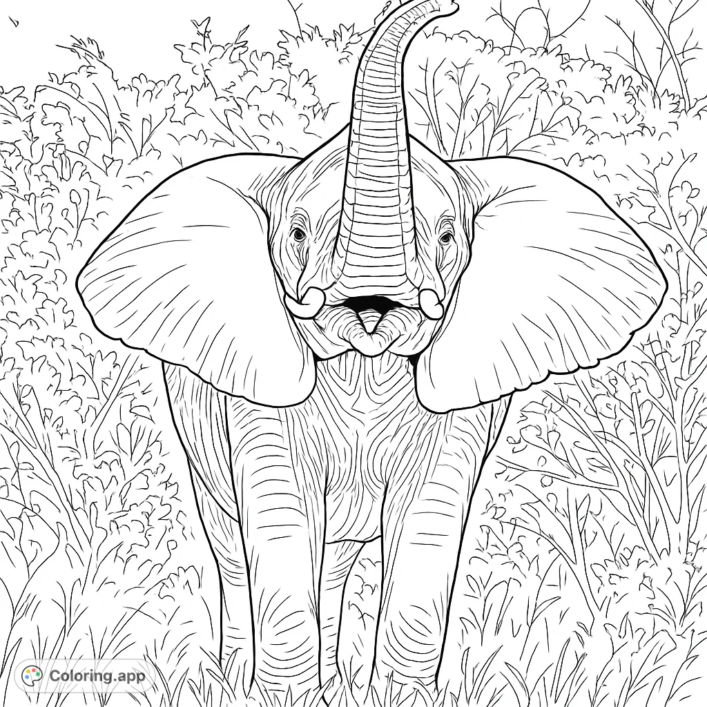 A powerful elephant with its trunk raised high, standing amidst lush foliage. Perfect for animal lovers and detailed coloring.