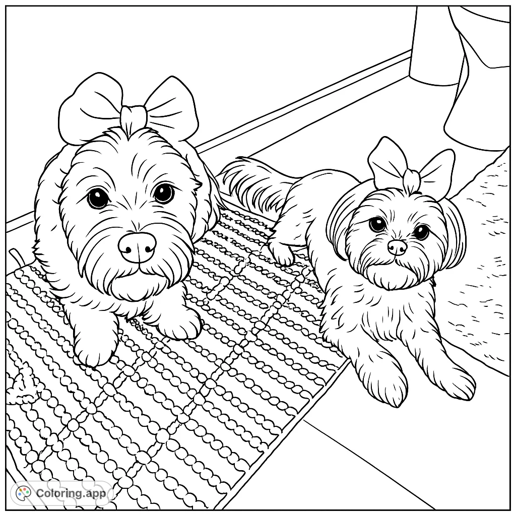 Two charming dogs wearing cute headbands pose on a patterned rug, ready for a fun coloring adventure. Perfect for pet lovers!