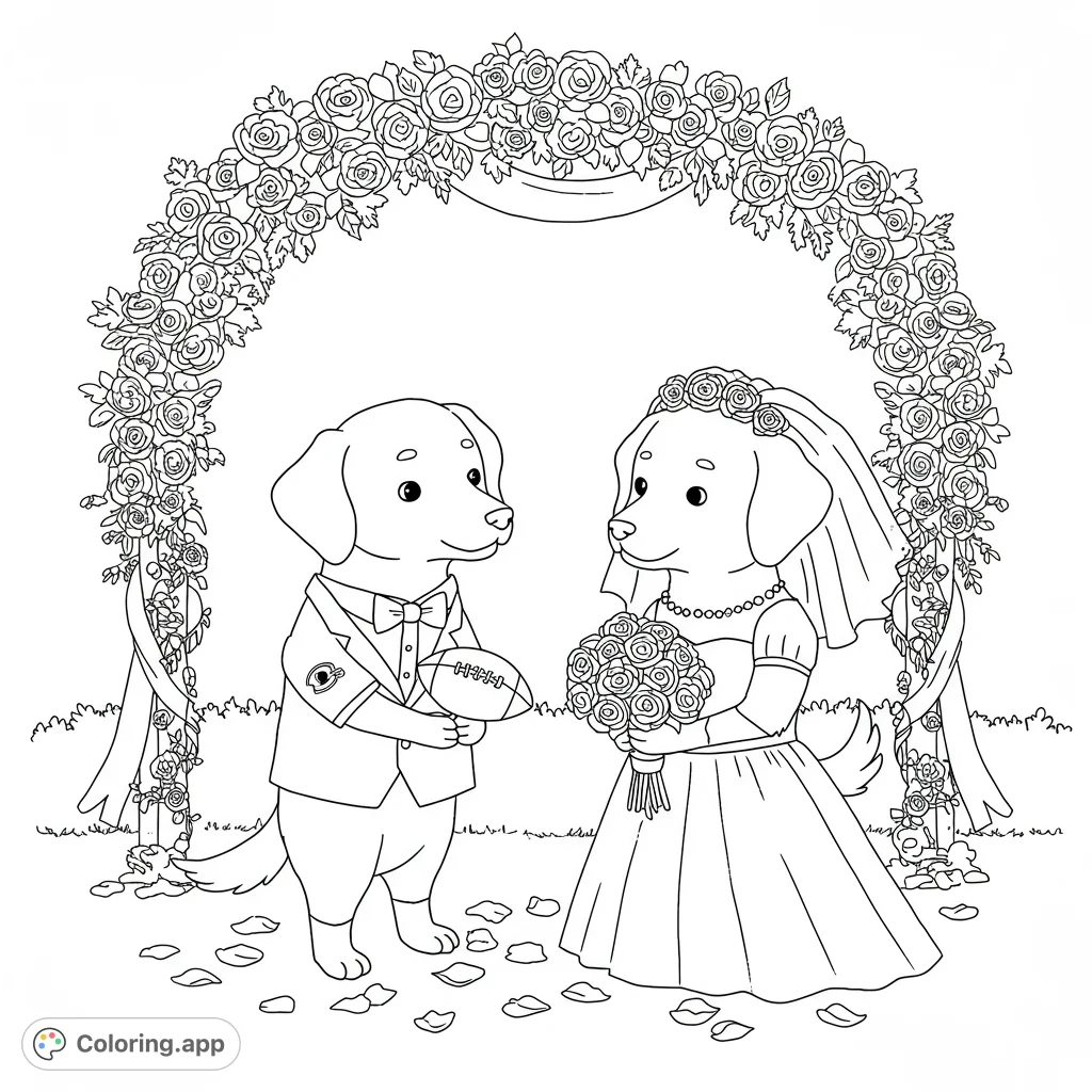 Adorable dog brides celebrate their wedding, one a Steelers fan, the other a Bengals fan, in a charming ceremony scene. A unique free printable.