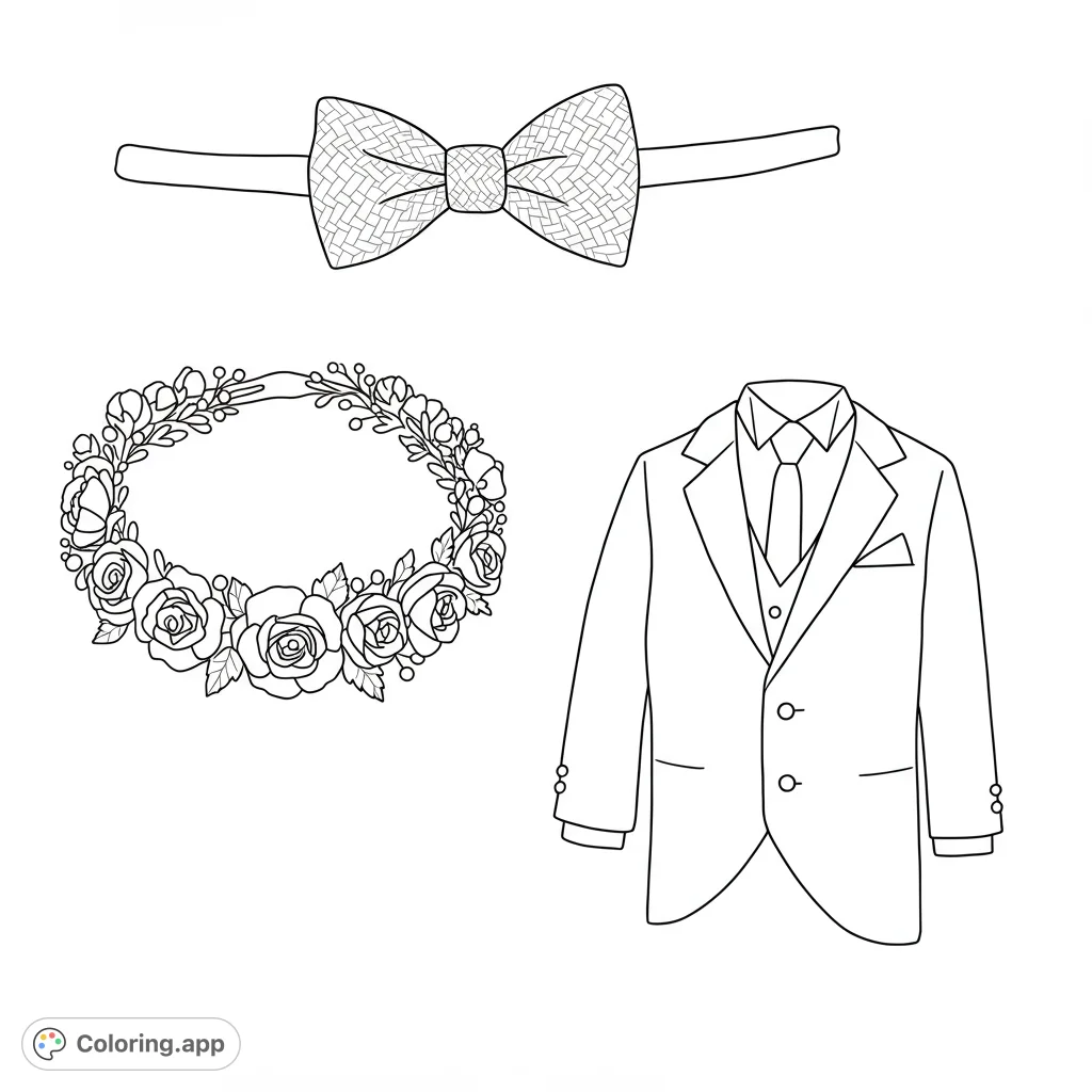 A delightful collection of wedding accessories including a classic bow tie, an elegant flower crown, and a charming mini tuxedo, perfect for creative coloring.